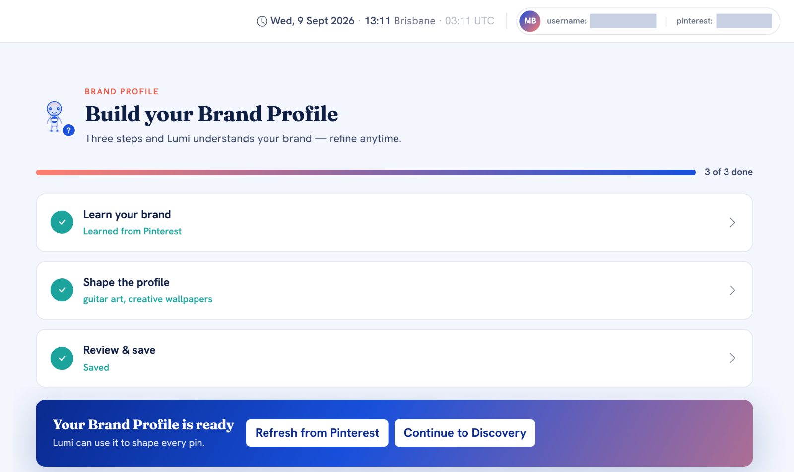 The Brand Profile in three finished steps: learned from Pinterest, shaped to guitar art and creative wallpapers, saved