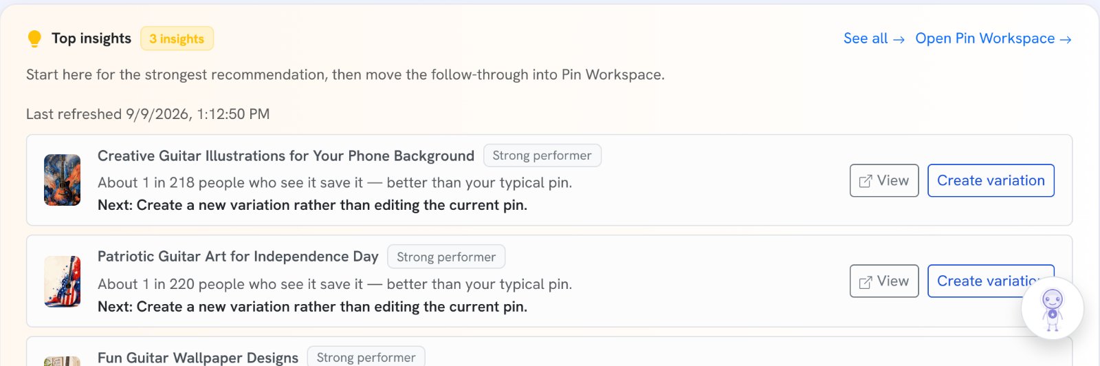 Top insights for @burnzmark: guitar-art pins saved by about 1 in 220 viewers, better than the account's typical pin