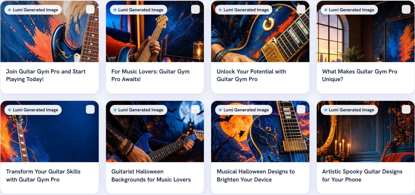 The Lumi images library: AI-drawn guitar pictures kept for reuse, from pins made for Guitar Gym Pro and guitar wallpapers