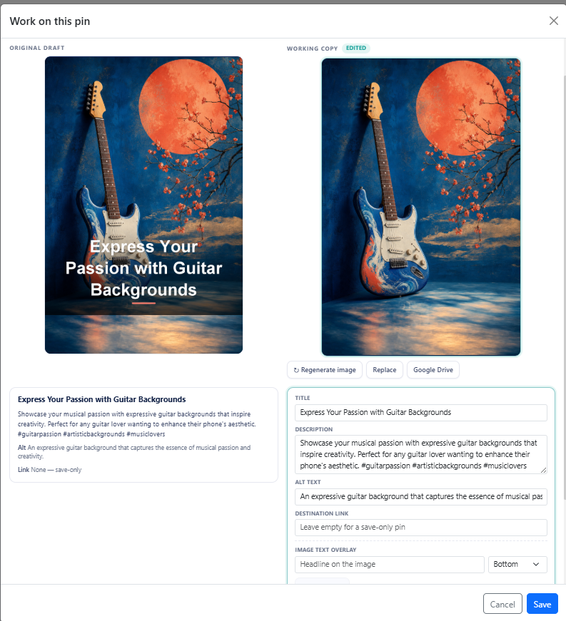 Working on a pin before approving it: the original draft beside the edited copy, with title, description and alt text fields